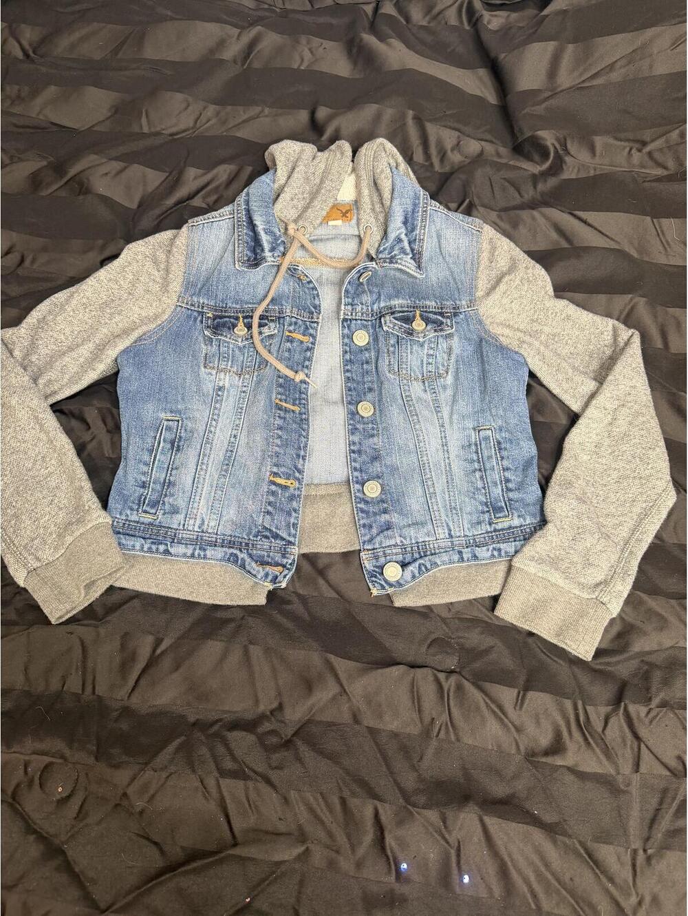 American Eagle Hooded Denim Jacket Gray Knit Sleeves Y2K Medium‎